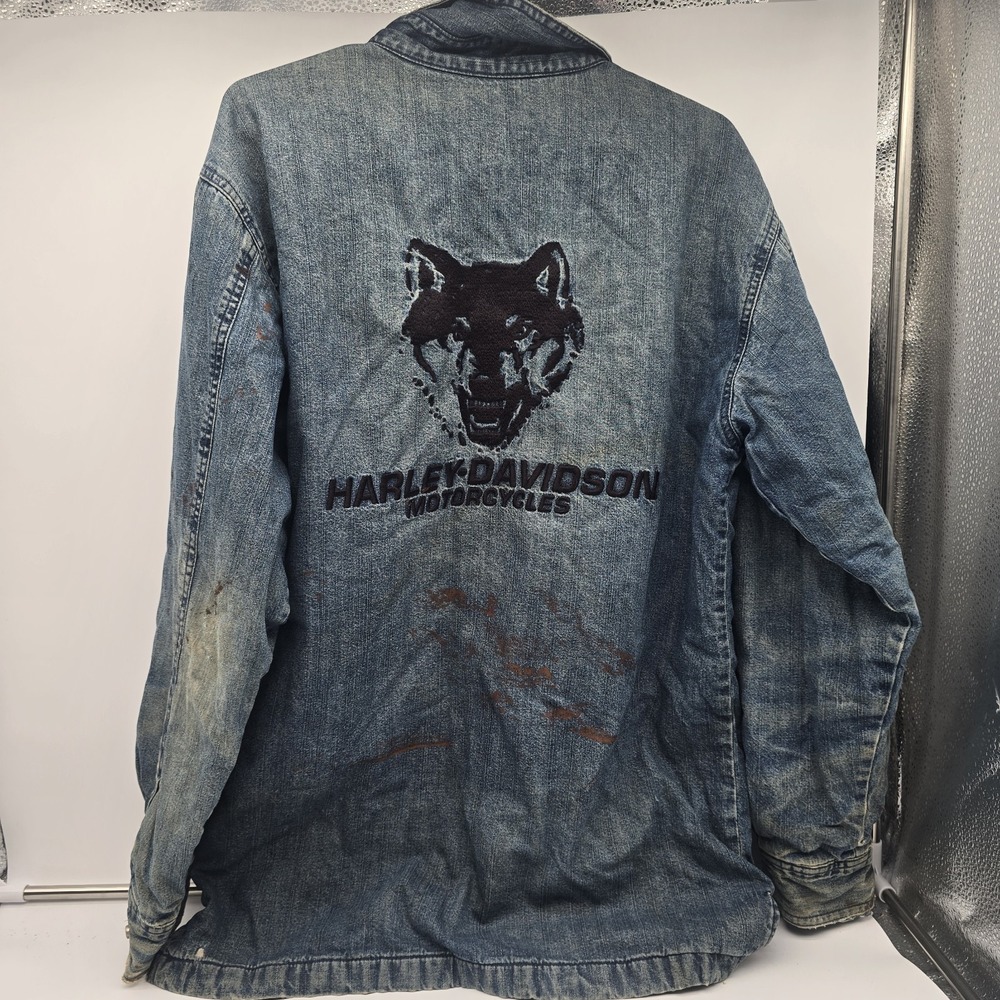 Harley Davidson Jacket Men's Small Embroidered Blanket Lined Snaps Wolf Denim